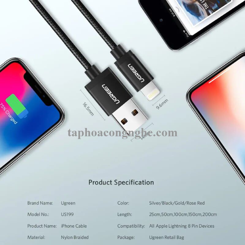 Ugreen 40984 0.5M màu Đen Cáp Lightning sạc + truyền dữ liệu cho iPhone US199 30040984
